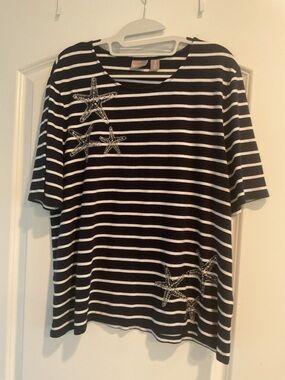 Chico's Black and White Striped Short Sleeve Tee with Starfish Embellishments 3